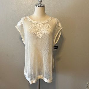 DKNY Mesh Cotton Crochet Appliqué Knit Top Cap Sleeves Size Large